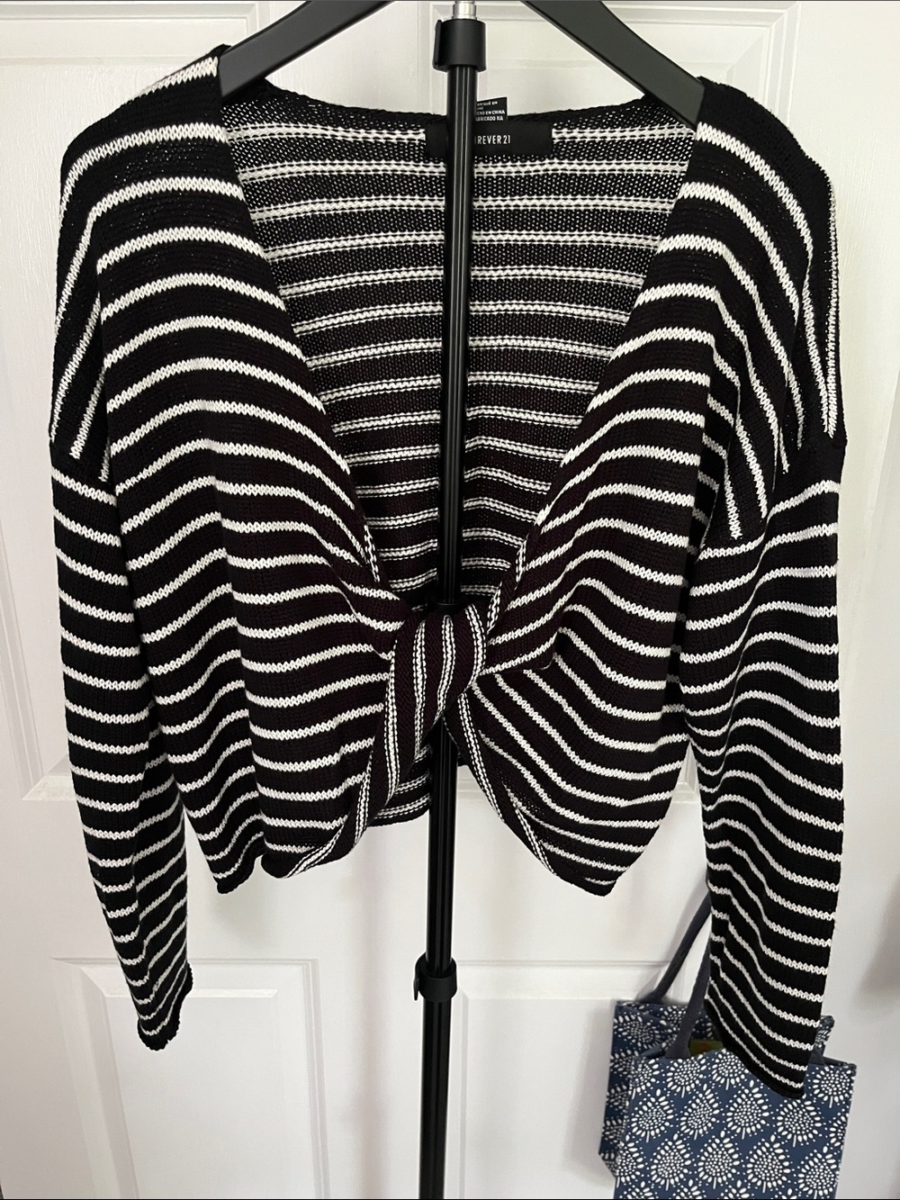 Forever 21 Black & White Striped Knot-Front Cardigan Sweater